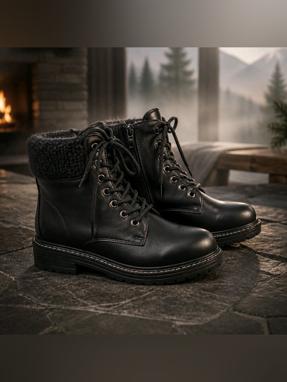 AquaDiva Black Lace-Up Combat Boots with Quilted Collar